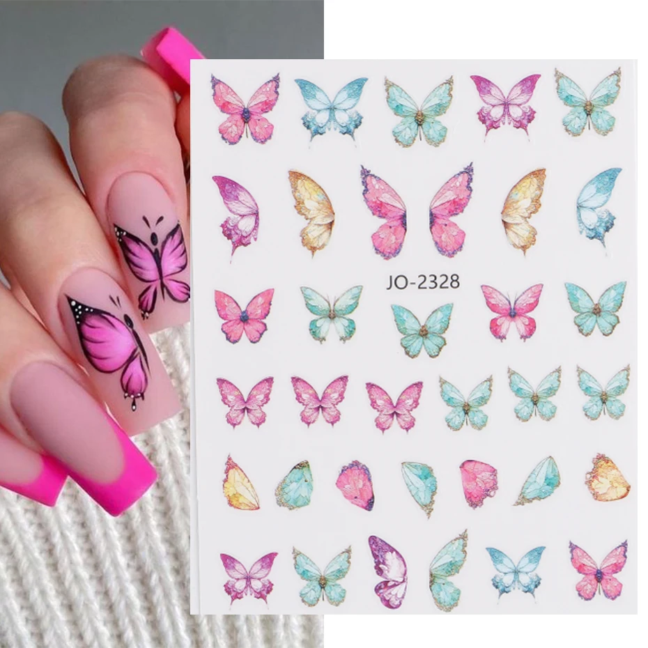 Color: light green - 3D Blue Butterfly Adhesive Stickers Nail Art Decoration Laser Flowers Leaves Nail Sticker Nail Art Supplies Nail Parts