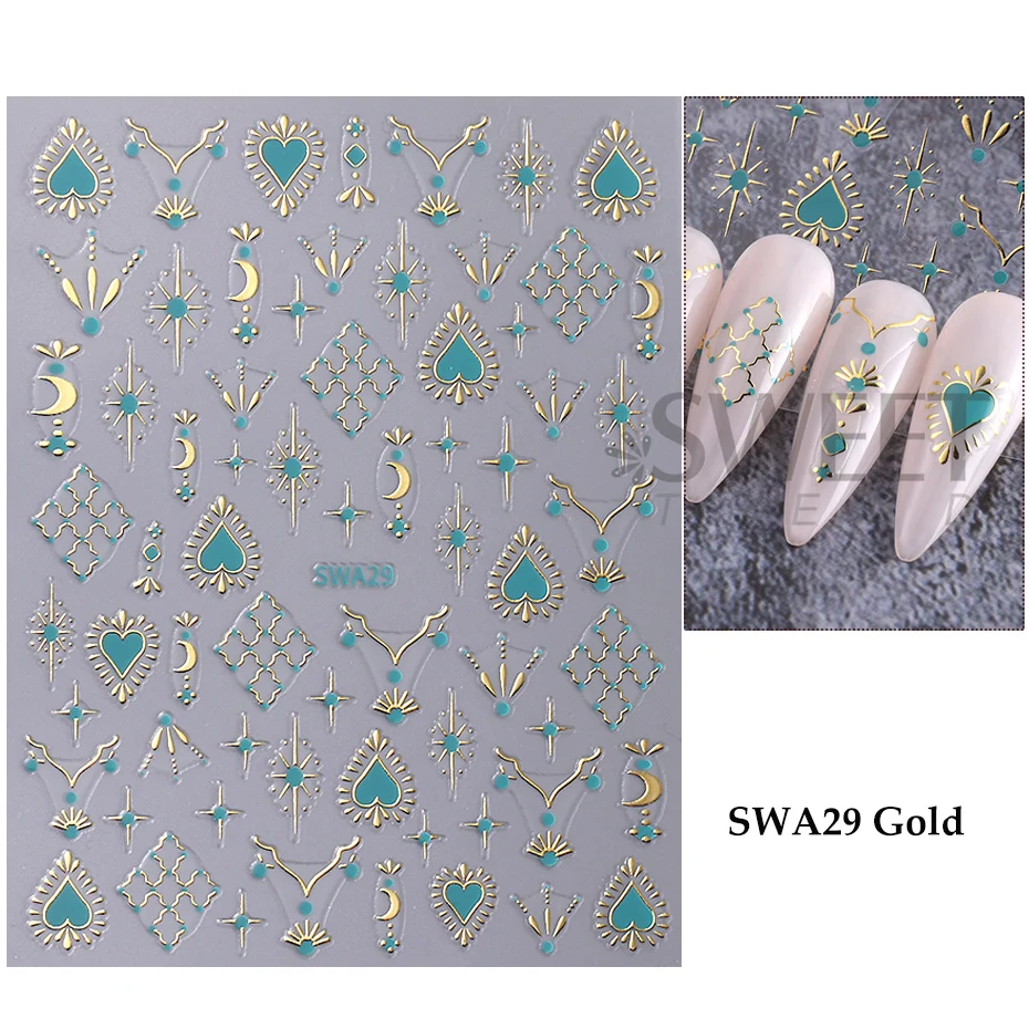 Color: WHITE - Metallic Bohemian Style Nail Sticker Gold Silver Lace Lines Green Gem Love Heart 3D Holographic Manicure Sliders Nail Decoration