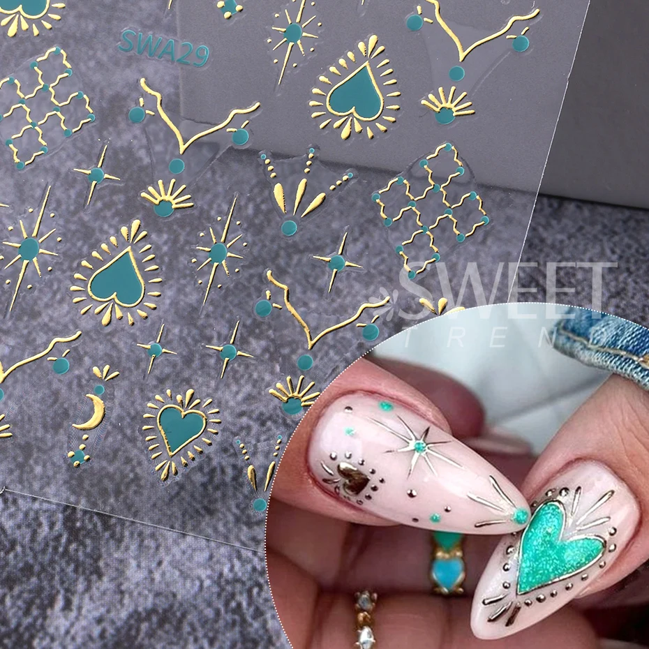 Color: WHITE - Metallic Bohemian Style Nail Sticker Gold Silver Lace Lines Green Gem Love Heart 3D Holographic Manicure Sliders Nail Decoration