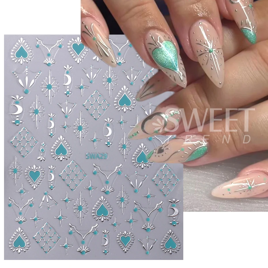 Color: WHITE - Metallic Bohemian Style Nail Sticker Gold Silver Lace Lines Green Gem Love Heart 3D Holographic Manicure Sliders Nail Decoration