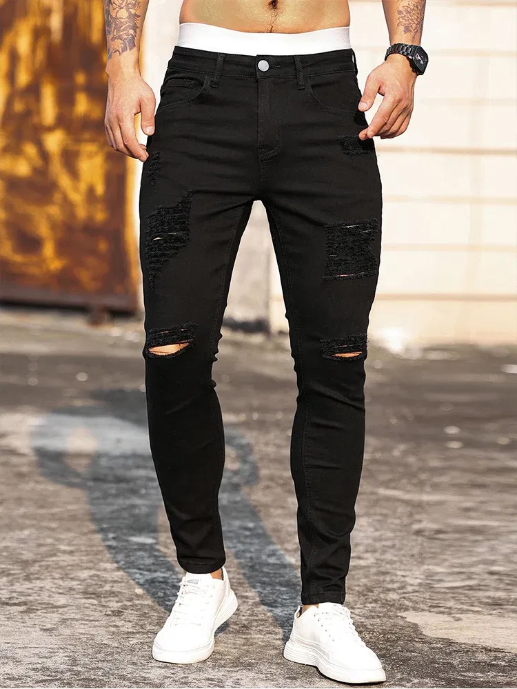Color: black, Size: XL - Fashion Men's Street Ripped Jeans Pure Black Stretch Tight Small Foot Pencil Pants Boyfriend Club Clothing Denim Ropa Hombre
