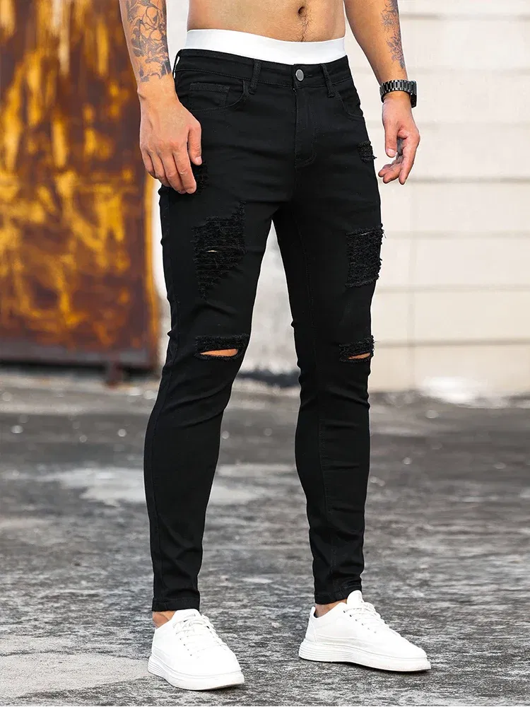 Color: black, Size: XL - Fashion Men's Street Ripped Jeans Pure Black Stretch Tight Small Foot Pencil Pants Boyfriend Club Clothing Denim Ropa Hombre