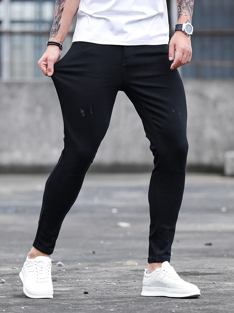 Color: black, Size: XL - Fashion Men's Street Ripped Jeans Pure Black Stretch Tight Small Foot Pencil Pants Boyfriend Club Clothing Denim Ropa Hombre