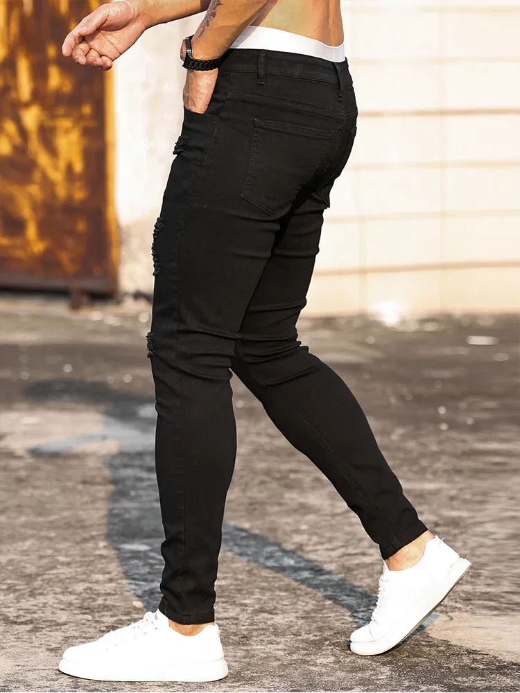 Color: black, Size: XL - Fashion Men's Street Ripped Jeans Pure Black Stretch Tight Small Foot Pencil Pants Boyfriend Club Clothing Denim Ropa Hombre