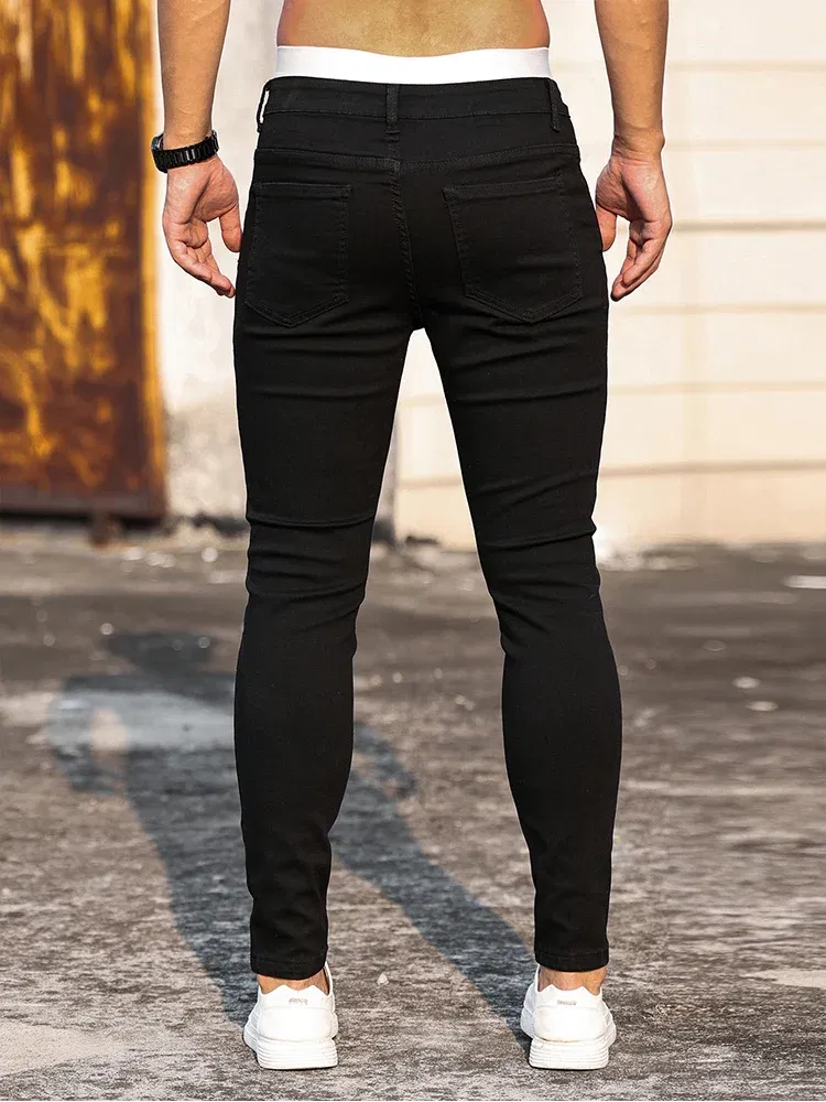Color: black, Size: XL - Fashion Men's Street Ripped Jeans Pure Black Stretch Tight Small Foot Pencil Pants Boyfriend Club Clothing Denim Ropa Hombre