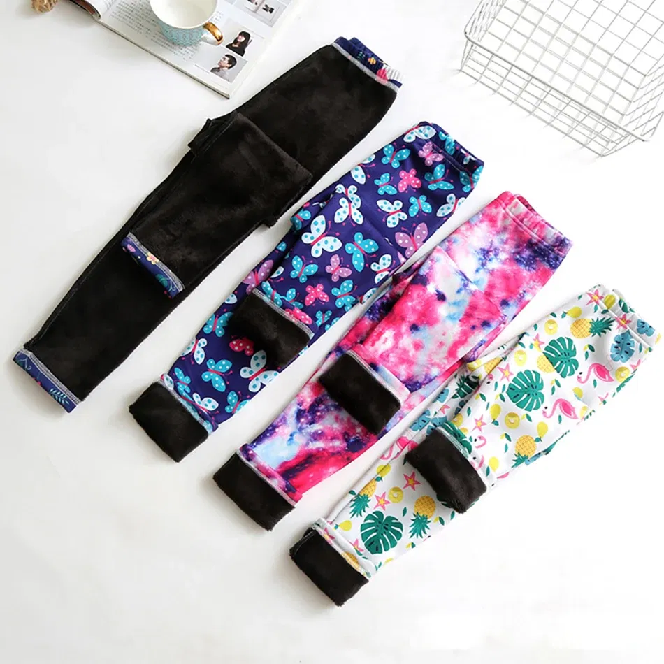 Color: Silver, Size: 128 - Girls Warm Plush Long Pants for Autumn Spring Cartoon Butterfly Striped Soft Cozy Leggings Fleece-Lined Bottoms Kids Casual Wear