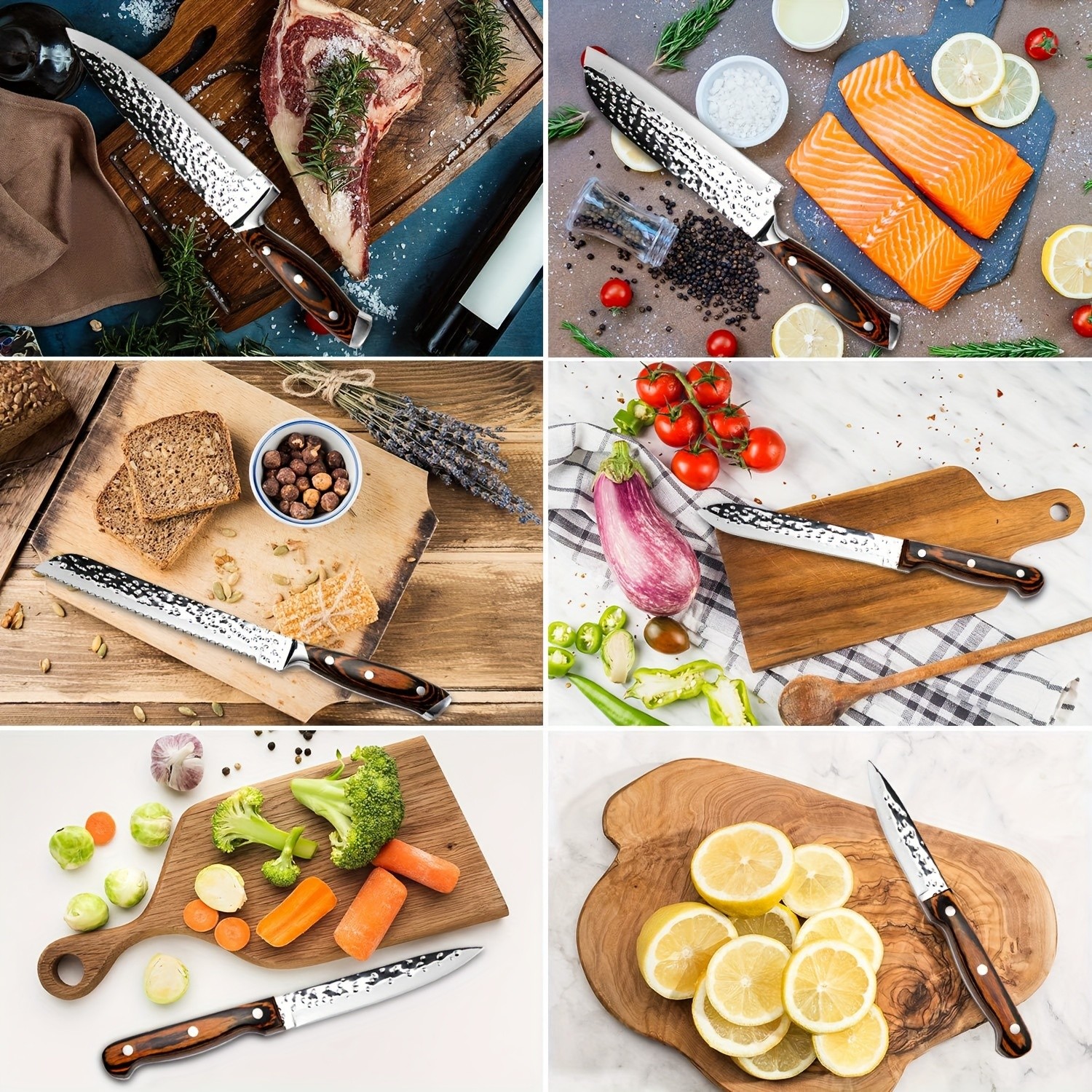 15-Piece Kitchen Knife Set with Wooden Block  Self-Sharpening Chef Knife Set, High Carbon Japanese Stainless Steel, Hammered Collection, Includes Steak Knives, Boxed Knife Set