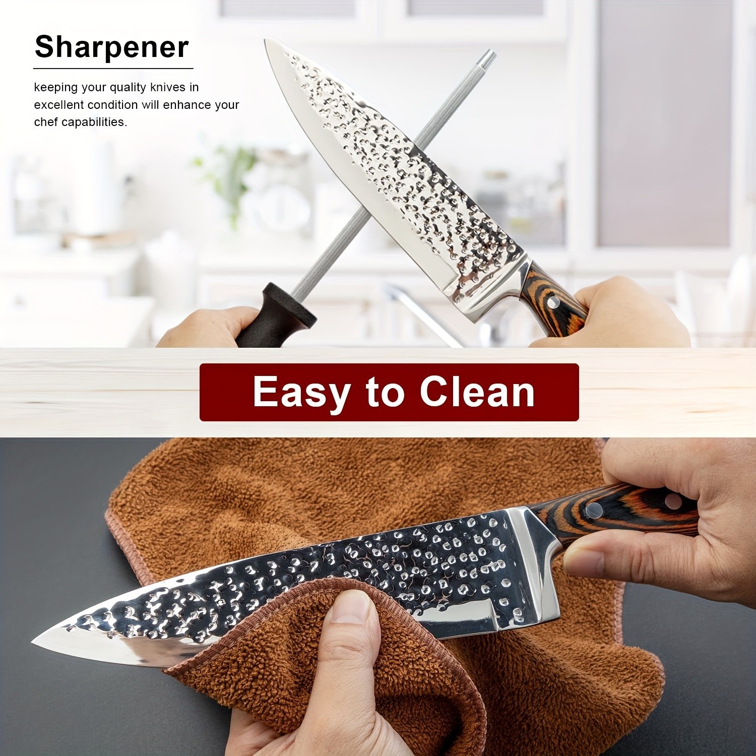 15-Piece Kitchen Knife Set with Wooden Block  Self-Sharpening Chef Knife Set, High Carbon Japanese Stainless Steel, Hammered Collection, Includes Steak Knives, Boxed Knife Set