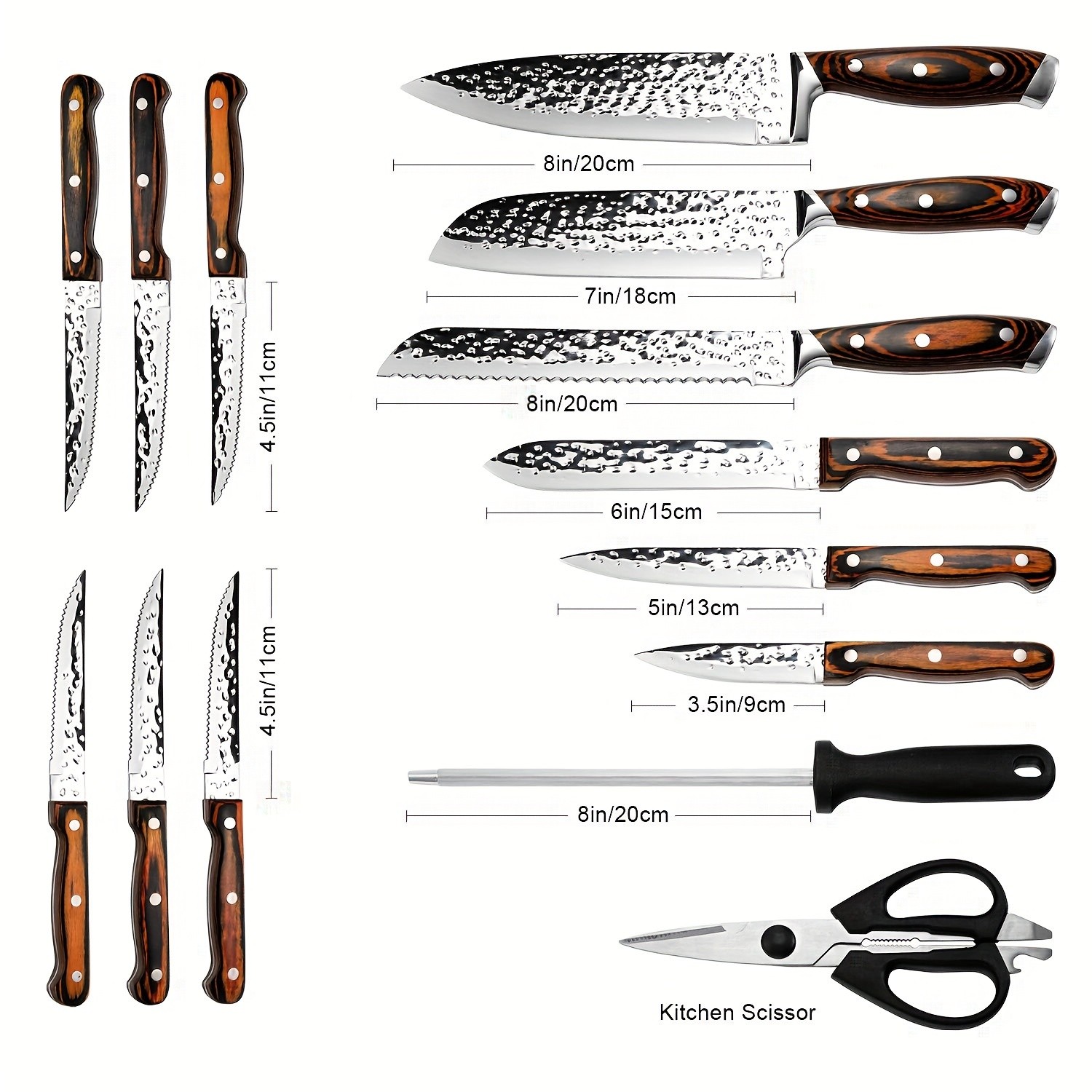 15-Piece Kitchen Knife Set with Wooden Block  Self-Sharpening Chef Knife Set, High Carbon Japanese Stainless Steel, Hammered Collection, Includes Steak Knives, Boxed Knife Set