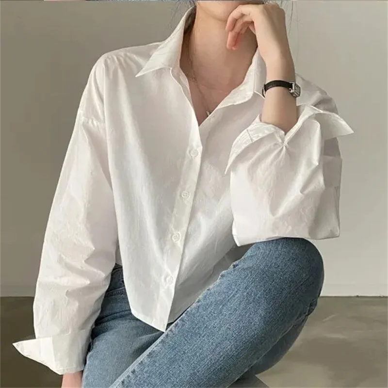 Color: WHITE, Size: S - Spring New Casual Long Sleeve Women White Shirt Korea Style Solid Button Split Woman Crop Tops Blouse Party Clothing
