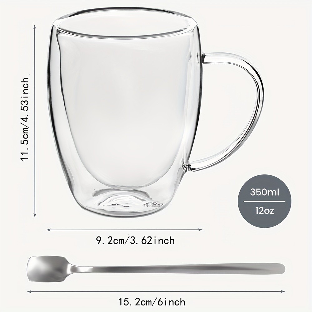 6pcs Double Walled Glass Cups with Spoons Clear Espresso Coffee Tea Mugs, Insulated Heat-Resistant Beverage Cups, 350ml/12oz, Perfect for Coffee, Tea, Cappuccino & Lattes, Drinkware for Restaurants and Cafes