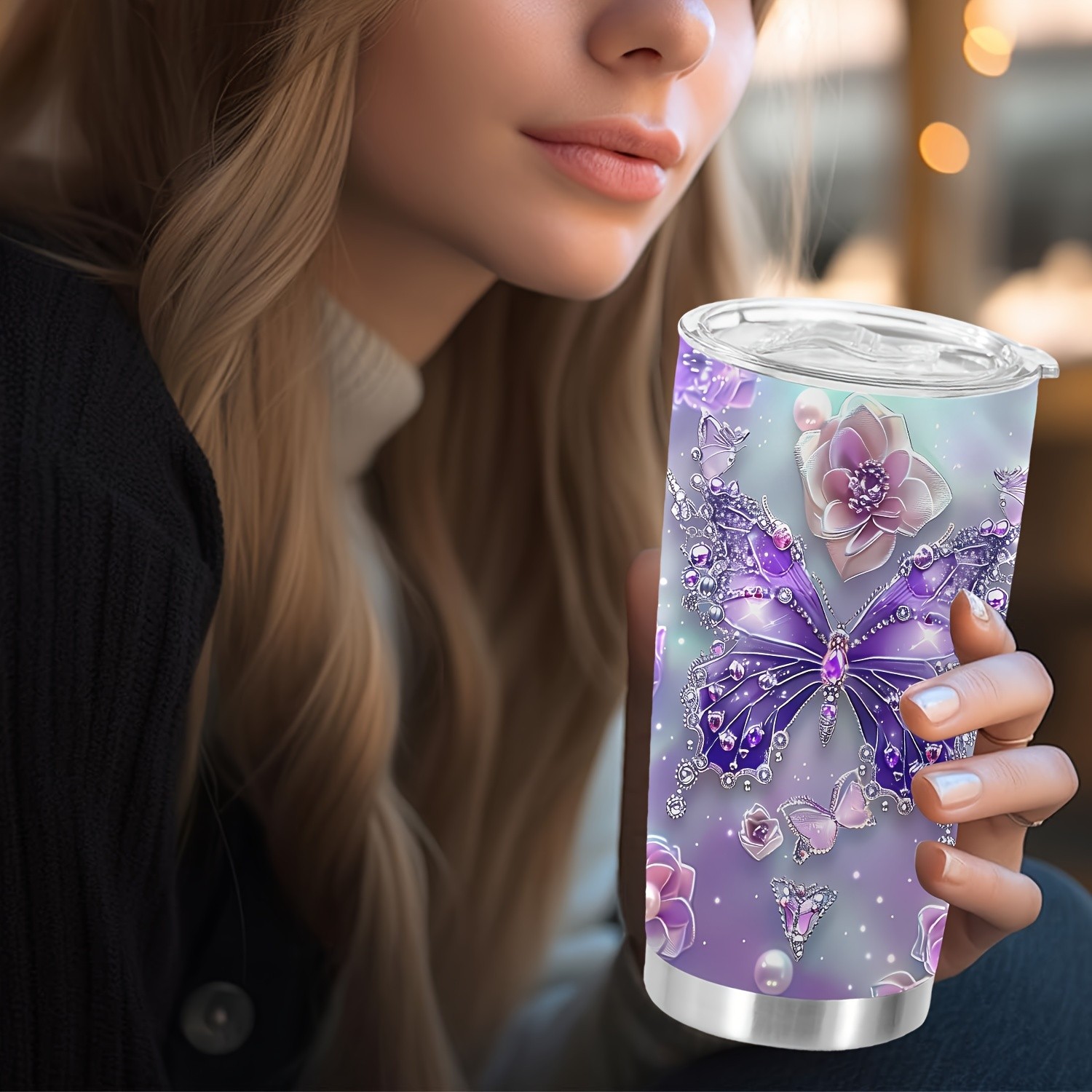 1pc 20oz Tumbler for Cafe Butterfly Funny Print Mug Tumbler, Travel Tumbler for Wedding and Birthday Gifts for Mom, Coworker, Eid Al-Adha Mubarak
