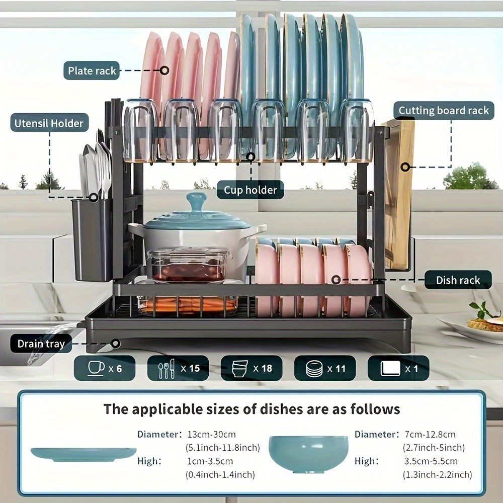 2-Tier Dish Rack with Utensil Holder Rustproof Kitchen Dish Drying Rack with Drainboard for Kitchen Countertop