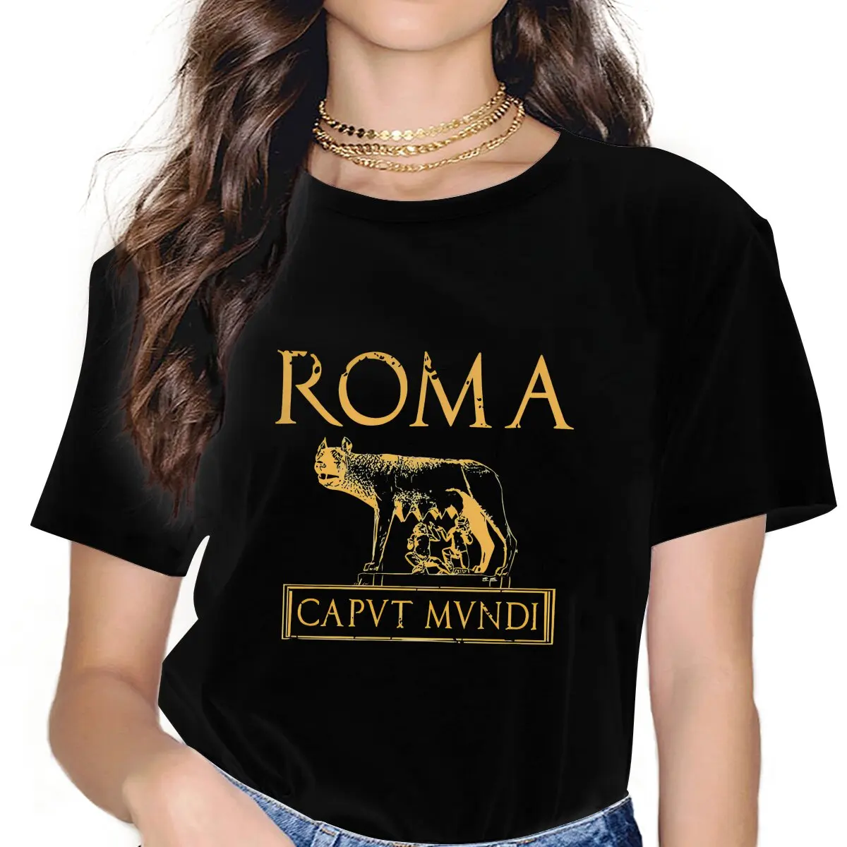 Color: black, Size: XXL - Roma Caput Mundi Casual Polyester TShirt Ancient Rome Style Streetwear Leisure T Shirt Female
