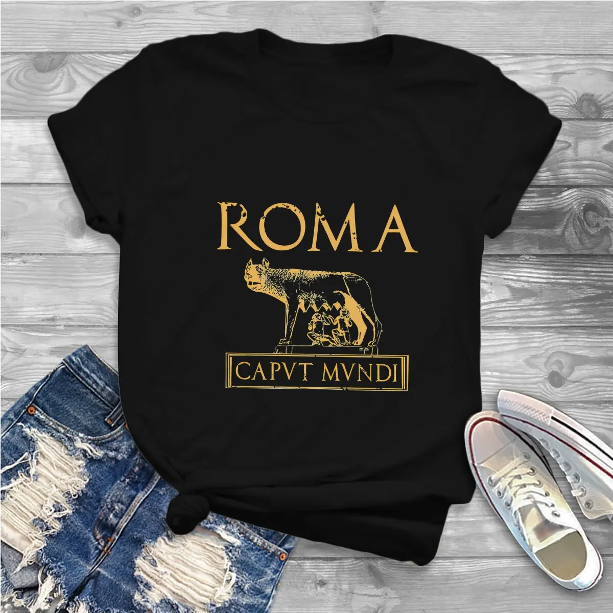Color: black, Size: XXL - Roma Caput Mundi Casual Polyester TShirt Ancient Rome Style Streetwear Leisure T Shirt Female