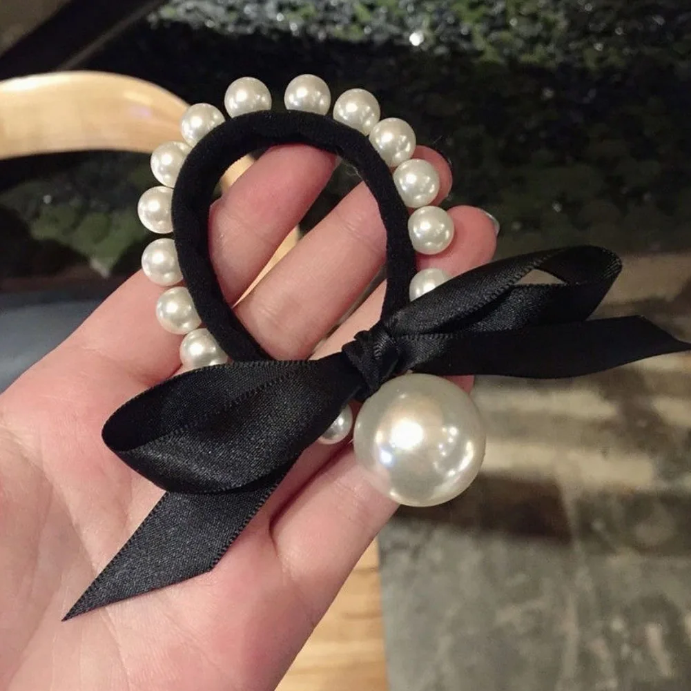 Color: Beige - 2022 Fashion Woman Big Pearl Hair Ties Korean Style Hairband Scrunchies Girls Ponytail Holders Rubber Band Hair Accessories