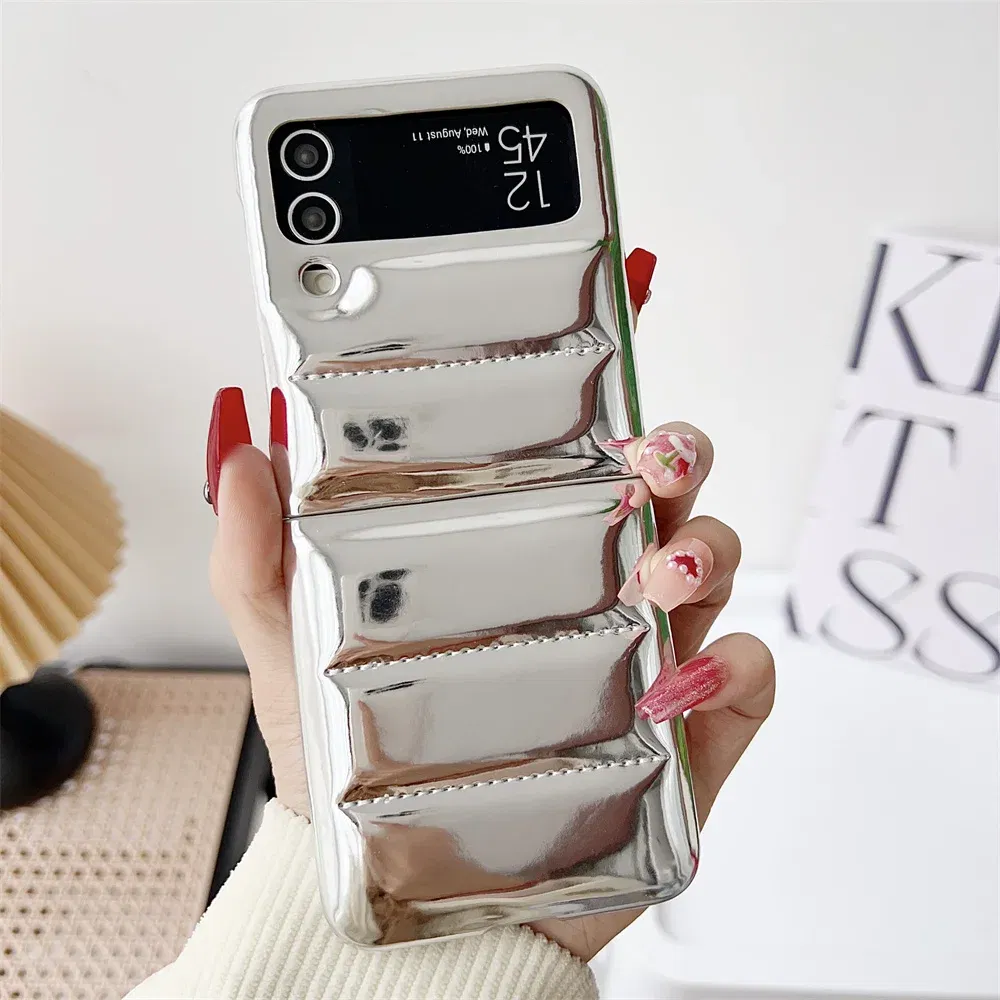 Material: Canvas, Color: Beige - for Samsung ZFlip5 Luxury Down Jacket Glossy Case for Samsung Galaxy Z Flip 5 4 3 flip4 Solid Color Plating Soft Silicone Cover