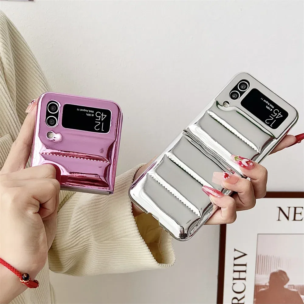 Material: Canvas, Color: Beige - for Samsung ZFlip5 Luxury Down Jacket Glossy Case for Samsung Galaxy Z Flip 5 4 3 flip4 Solid Color Plating Soft Silicone Cover