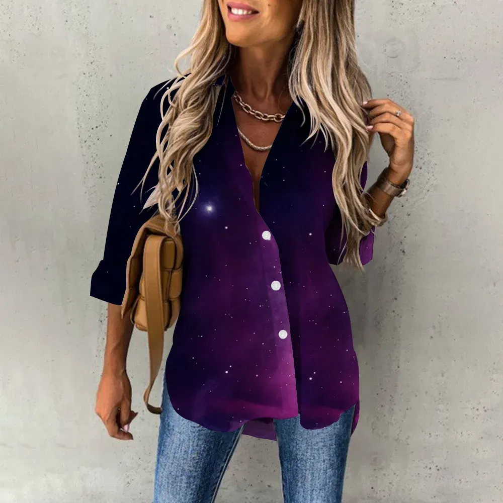 Color: Blue, Size: XL - Ladies Long Sleeved Shirt Vacation Style Coconut Tree 3D Digital Printed Button Up Collar Loose Casual Ladies Blouse 2024 Autumn