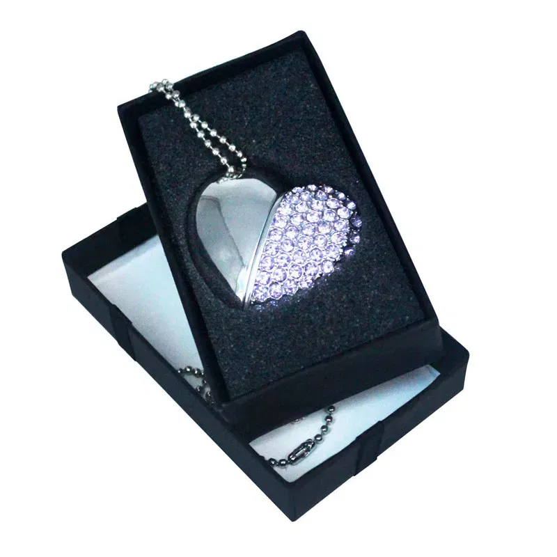 Color: green, Capacity: 128GB - Metal Diamond USB Flash Drive 128GB Crystal Heart With Gift Box Pen Drive 64GB Creative Gifts Memory Stick Pendrive 32GB 16GB 8G