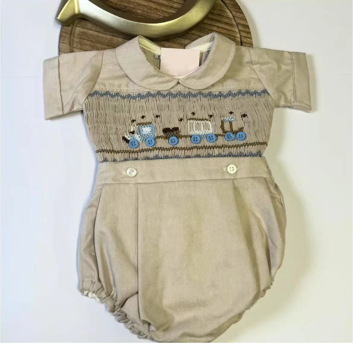 Kid Size: 18M - 0-6Y Baby Boy Summer Short Sleeves Green Handmade Embroidery Smocked Outfit Suit for Party Birthday Holiday A179