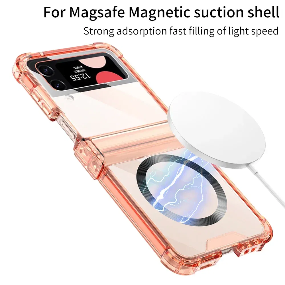 Color: Blue, Material: Aluminum - Colorful Transparent Folding Hinge For Samsung Galaxy Z Flip 4 3 Magsafe Magnetic Wireless Charging Case Shockproof Hard Cover