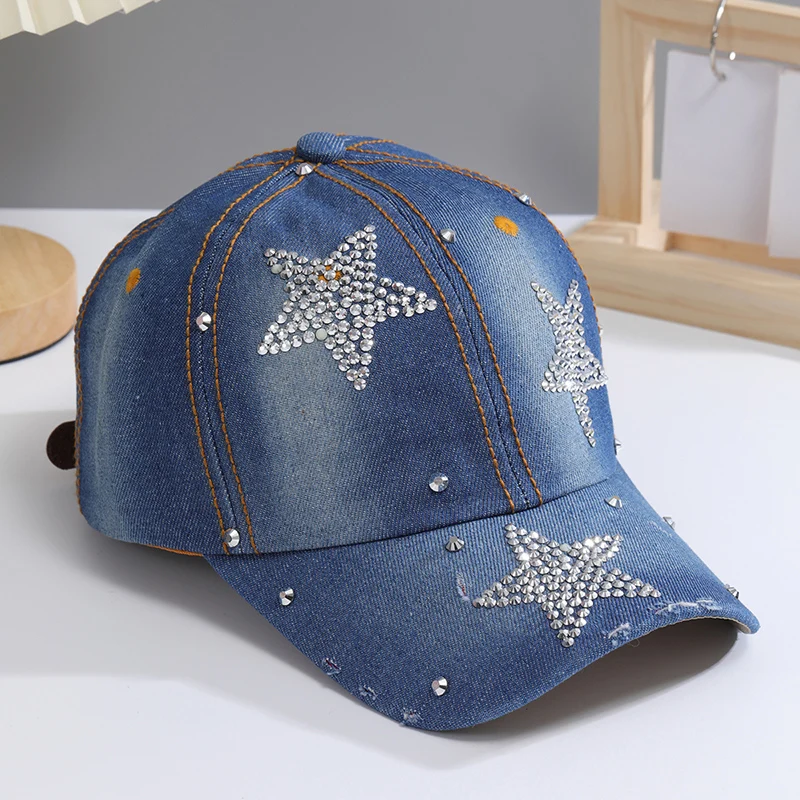 Color: Navy Blue, Size: Adjustable - A Women?™s Sparkle Bling Rhinestone Bejeweled Cotton Denim Baseball Cap