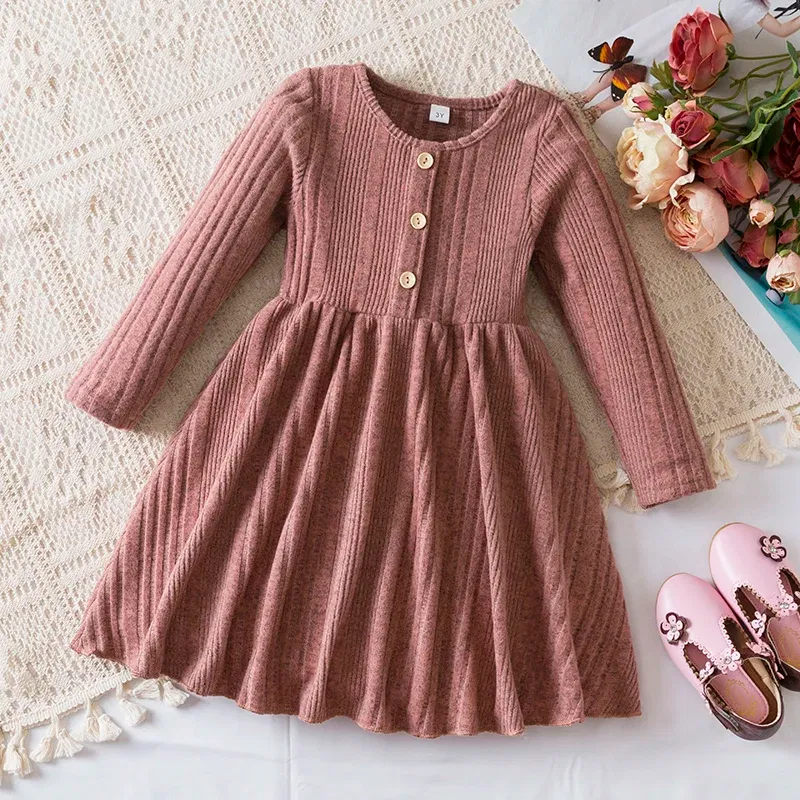 Color: Dark Grey, Kid Size: 6 - Autumn and Winter Girls Knitted Sweater Dress Solid Color Soft Long Sleeve Dress Children Christmas Costume Birthday Casual Wear
