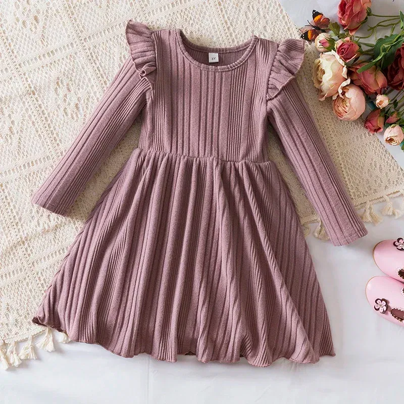 Color: Dark Grey, Kid Size: 6 - Autumn and Winter Girls Knitted Sweater Dress Solid Color Soft Long Sleeve Dress Children Christmas Costume Birthday Casual Wear