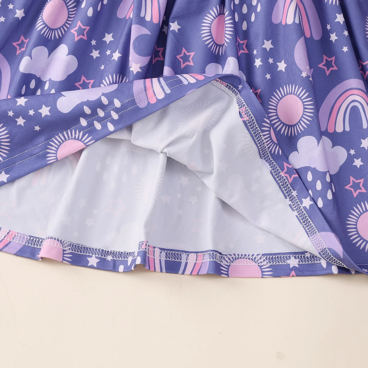 Color: PURPLE, Kid Size: 98 - Girls Cute Cartoon Rainbow Graphic Flutter Trim Sleeveless Dress For Summer Party Gift