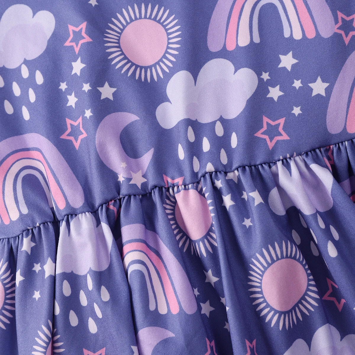 Color: PURPLE, Kid Size: 98 - Girls Cute Cartoon Rainbow Graphic Flutter Trim Sleeveless Dress For Summer Party Gift