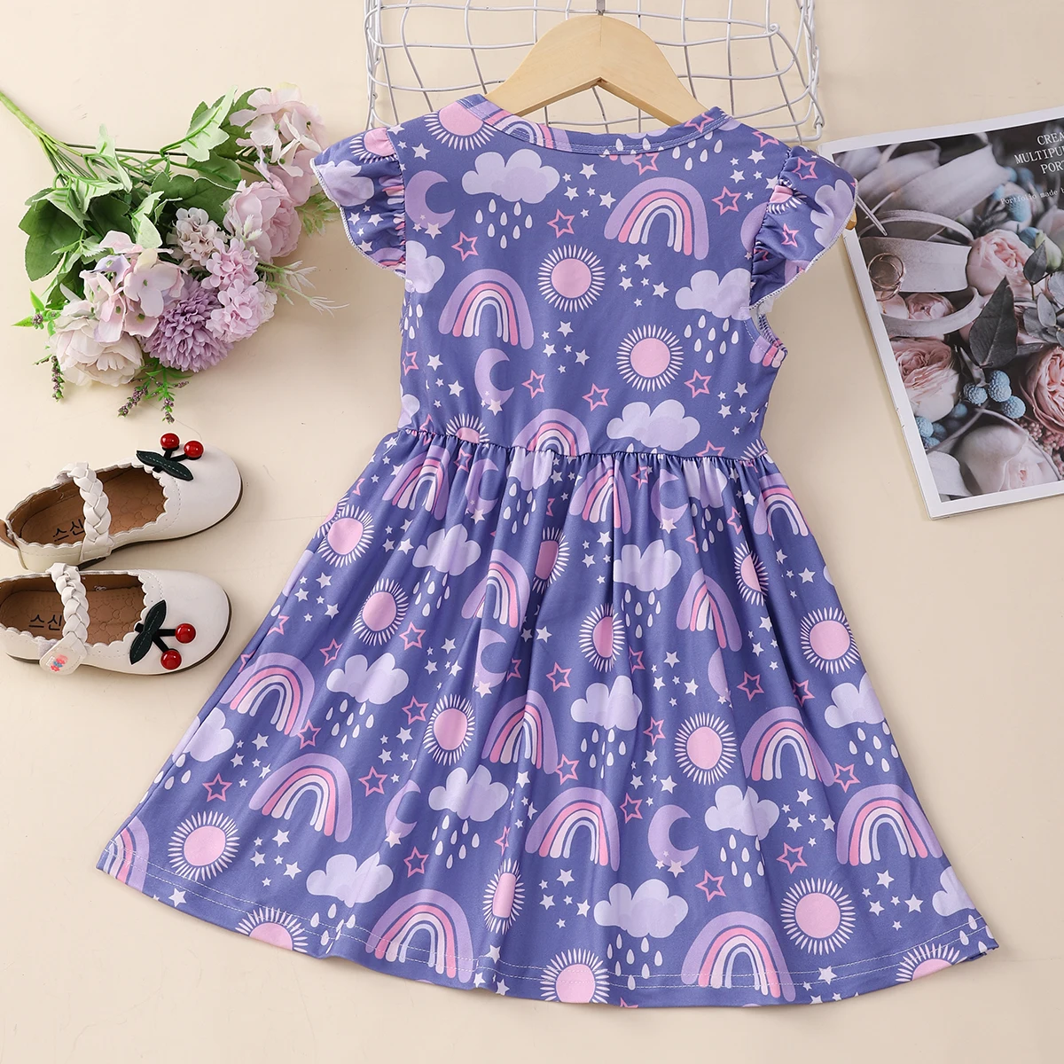 Color: PURPLE, Kid Size: 98 - Girls Cute Cartoon Rainbow Graphic Flutter Trim Sleeveless Dress For Summer Party Gift
