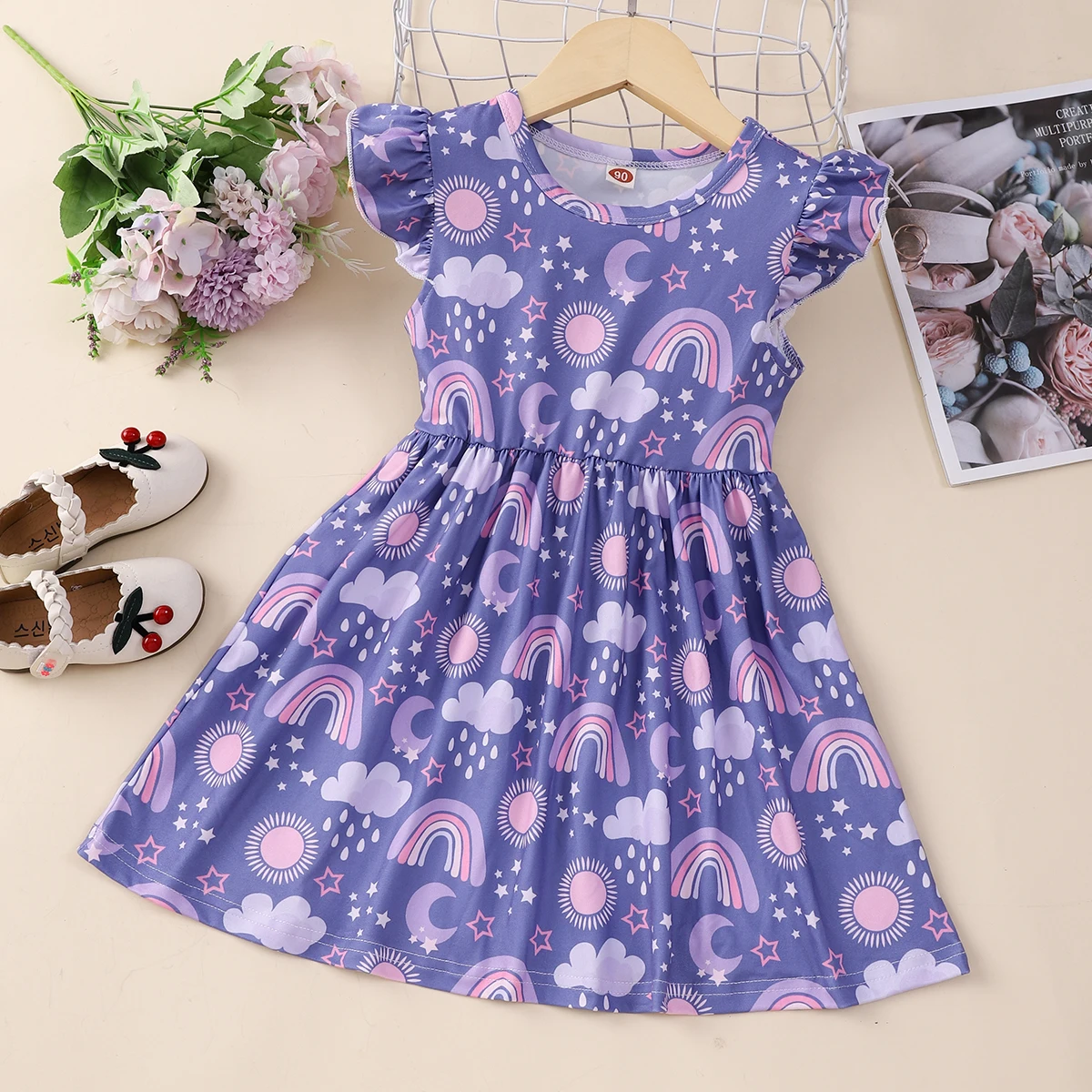 Color: PURPLE, Kid Size: 98 - Girls Cute Cartoon Rainbow Graphic Flutter Trim Sleeveless Dress For Summer Party Gift