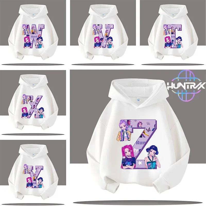 Color: Dark Grey, Kid Size: 4 - K-pop Demon Hunters Letter A-Z 3-12 Year Old Children Hooded Sweatshirt Girls' Casual Shirt Boys' Sports Shirt Cartoon Print