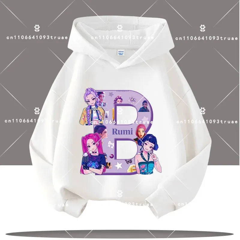 Color: Dark Grey, Kid Size: 4 - K-pop Demon Hunters Letter A-Z 3-12 Year Old Children Hooded Sweatshirt Girls' Casual Shirt Boys' Sports Shirt Cartoon Print