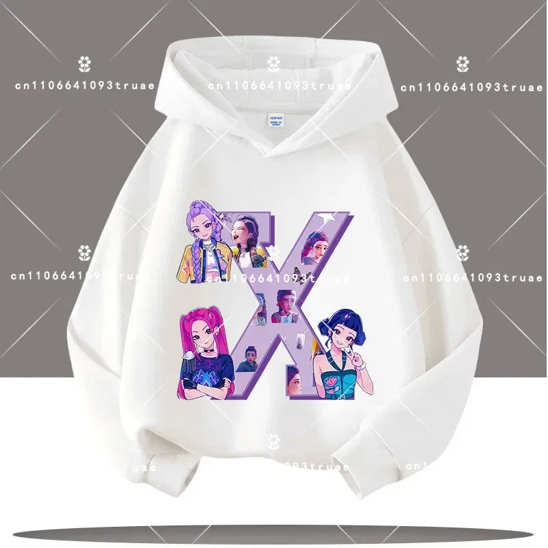 Color: WHITE, Kid Size: 9 - K-pop Demon Hunters Letter A-Z 3-12 Year Old Children Hooded Sweatshirt Girls' Casual Shirt Boys' Sports Shirt Cartoon Print