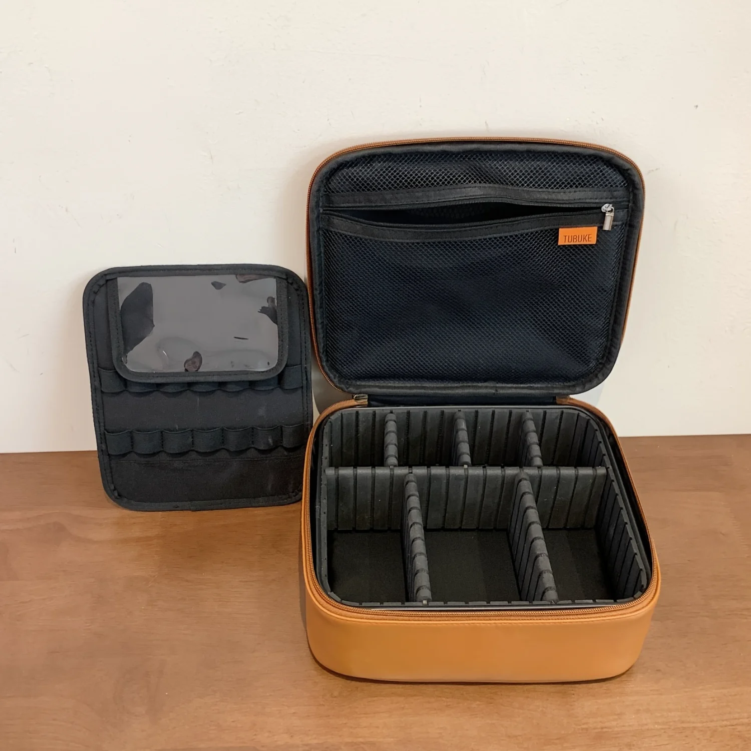 Color: Bronze, Ships From: CHINA - PU Leather Makeup Bag With Dividers, Portable Travel Cosmetic Organizer, Square Toiletry Organizer