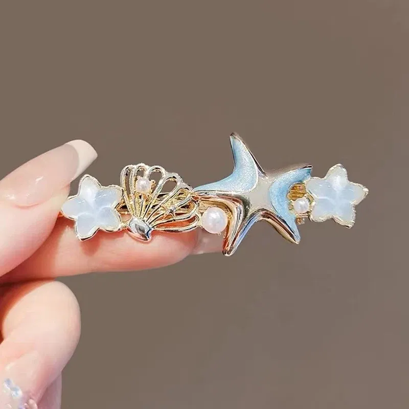 Color: Navy Blue - Dreamy Blue Fishtail Starfish Glaze Duckbill Clip Women Forehead Bangs Barrettes Alloy Side Clip Super Fairy Hair Accessories