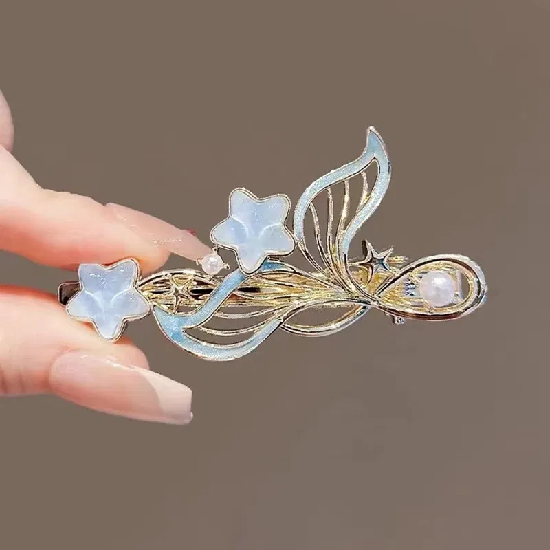 Color: Navy Blue - Dreamy Blue Fishtail Starfish Glaze Duckbill Clip Women Forehead Bangs Barrettes Alloy Side Clip Super Fairy Hair Accessories