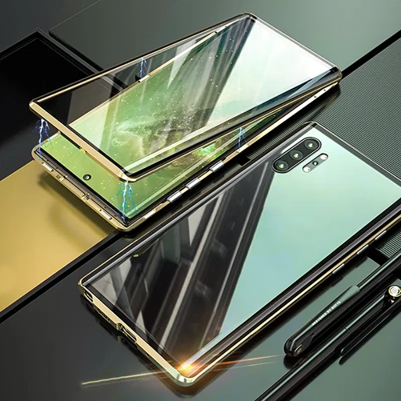 Color: Gold, Material: PC - Full Wrap Metal Bezel Case For Samsung Galaxy S23 S22 Ultra S21 S20 FE S24 Note 10 20 Lite Plus Double-Sided Glass Back Cover