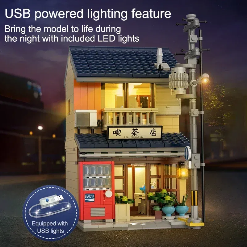 Color: Wood - With Packaging BOX LED City Japanese Tea Shop House Architecture Building Blocks Friends Shop Figures Bricks Toys for Kid Gifts