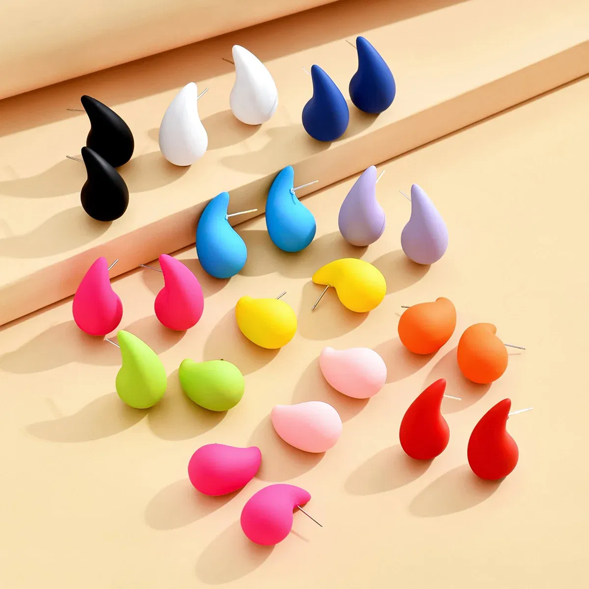 Metal Color: Orange - 3 Pair/Set Chunky Gold Plated Waterdrop Hoop Earrings for Women Smooth Multicolour Acrylic Tear Drop Earring Lightweight Jewelry