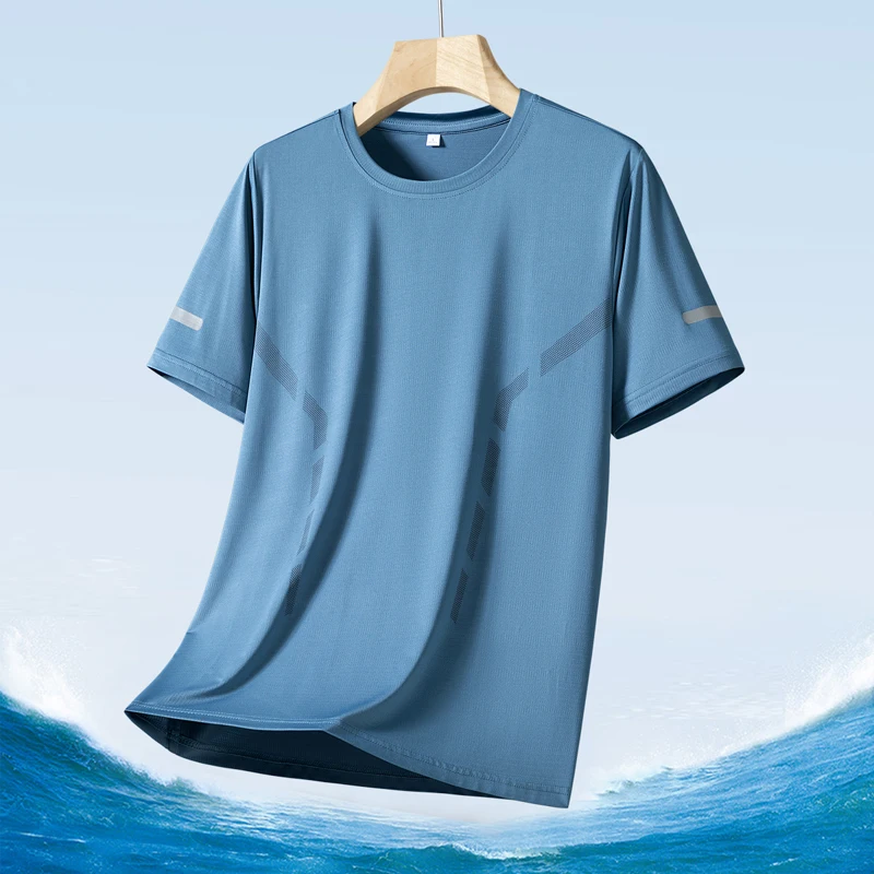 Color: Champagne, Size: 4XL - Men's Silk Ice Round Collar T-shirt, Simple Running Fitness Suit, Breathable Thin T-shirt, Quick Dry T-shirt, Summer