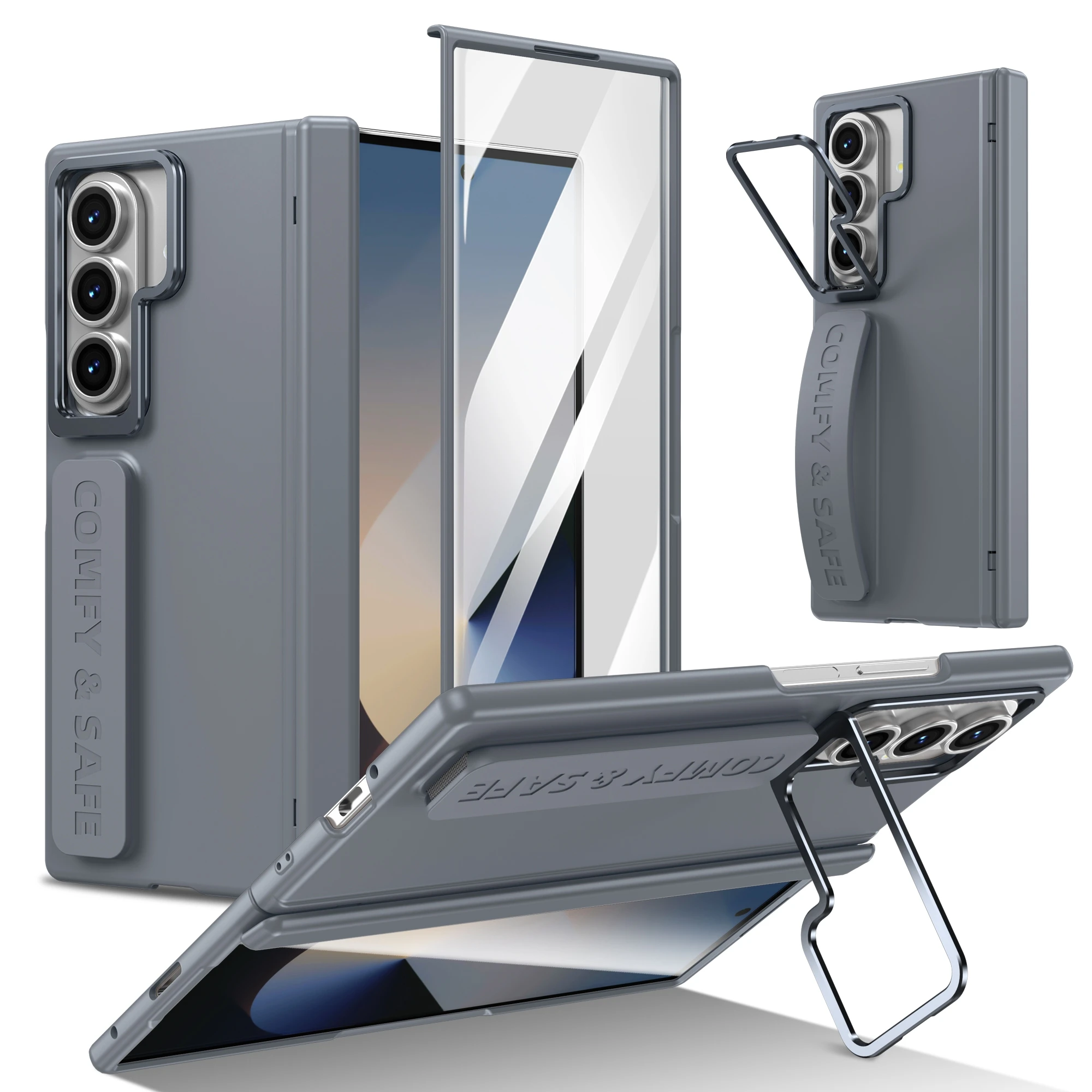 Color: SKY BLUE, Material: Leather - For Samsung Galaxy Z Fold 7 6 5 4 3 Wristband Hinge Lens Holder Phone Case Outer Screen Glass Film Protection Shockproof Cover