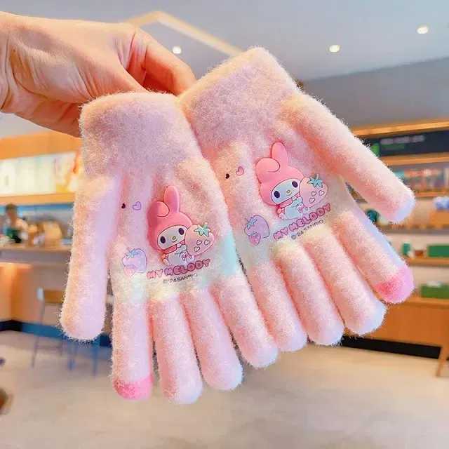 Color: Blue - Sanrio Gloves Kawaii My Melody Kuromi Cold-Proof Winter Finger Gloves Plush Screen Touch Warm Children Toddler Christmas Gifts