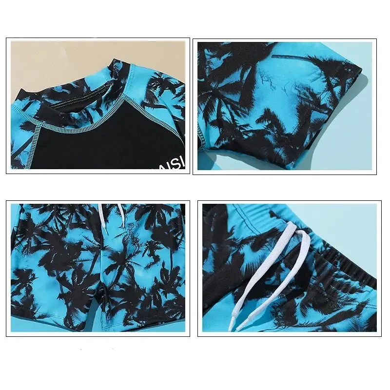 Size: 4T, Color: Blue - Summer Children's Two-piece Polyester Medium Children's Short-sleeved Young Boys Western Style Hot Spring Swimsuit