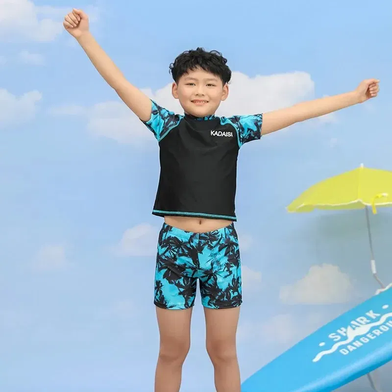 Size: 4T, Color: Blue - Summer Children's Two-piece Polyester Medium Children's Short-sleeved Young Boys Western Style Hot Spring Swimsuit