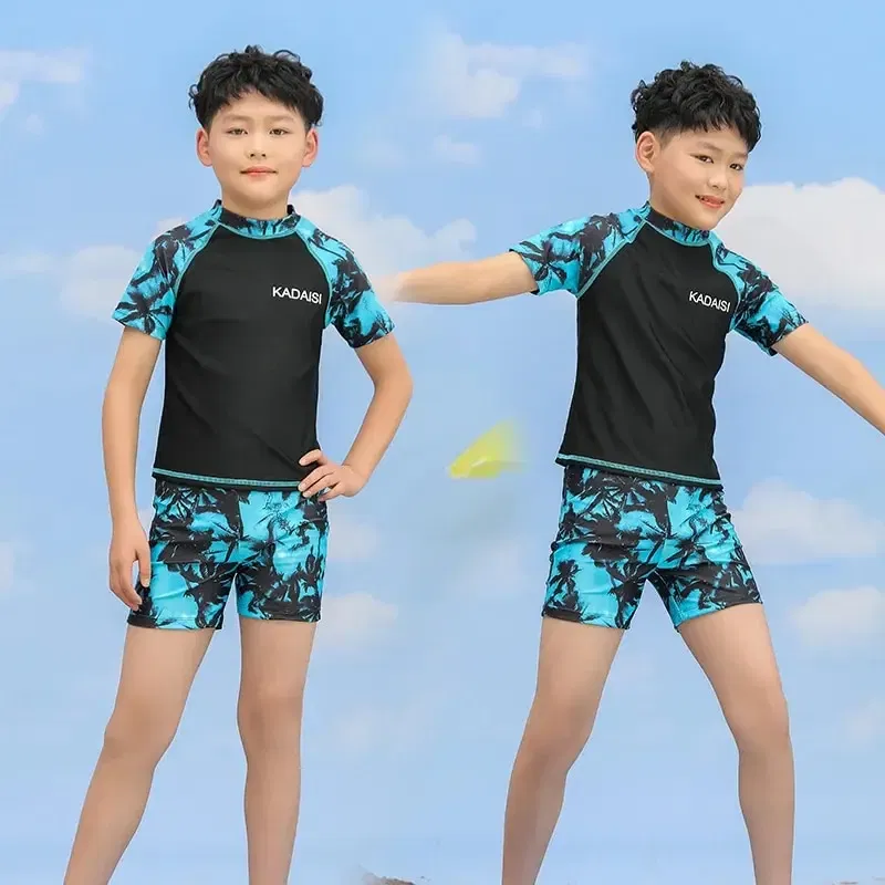 Size: 4T, Color: Blue - Summer Children's Two-piece Polyester Medium Children's Short-sleeved Young Boys Western Style Hot Spring Swimsuit