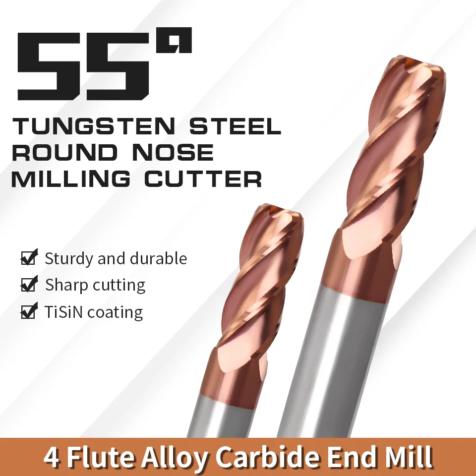 Cutting Edge Diameter: 1.9mm, Dimensions: 4*4*12 - AUGT HRC55 Carbide Bull Nose End Mill 4Flutes Copper Milling Cutter Alloy Coating Tungsten Steel Cutting Tool For CNC Maching