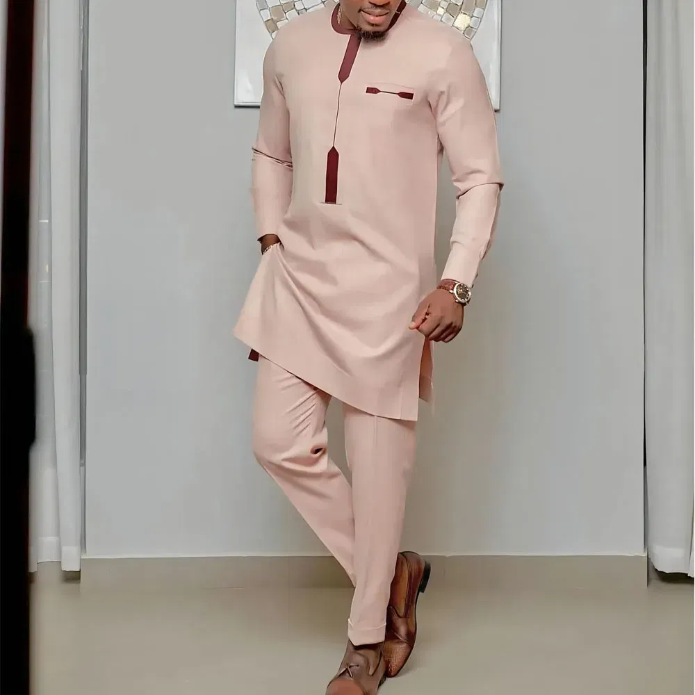 Color: Pink, Size: 4XL - New Men's Tenos Wedding 2-Piece Suit Waist Pants Shirt Solid Color Panel Long Sleeve Party African Ethnic Style Clothing (M-4XL)